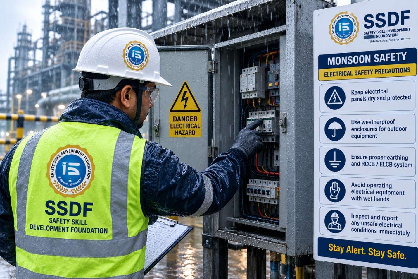 Monsoon Electrical Safety Inspection Of Outdoor Electrical Panel In Rain
