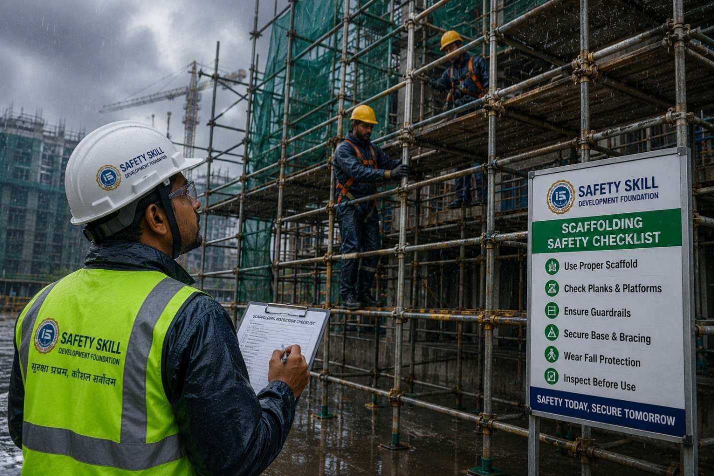 Monsoon Scaffolding Safety Inspection During Rain At Construction Site