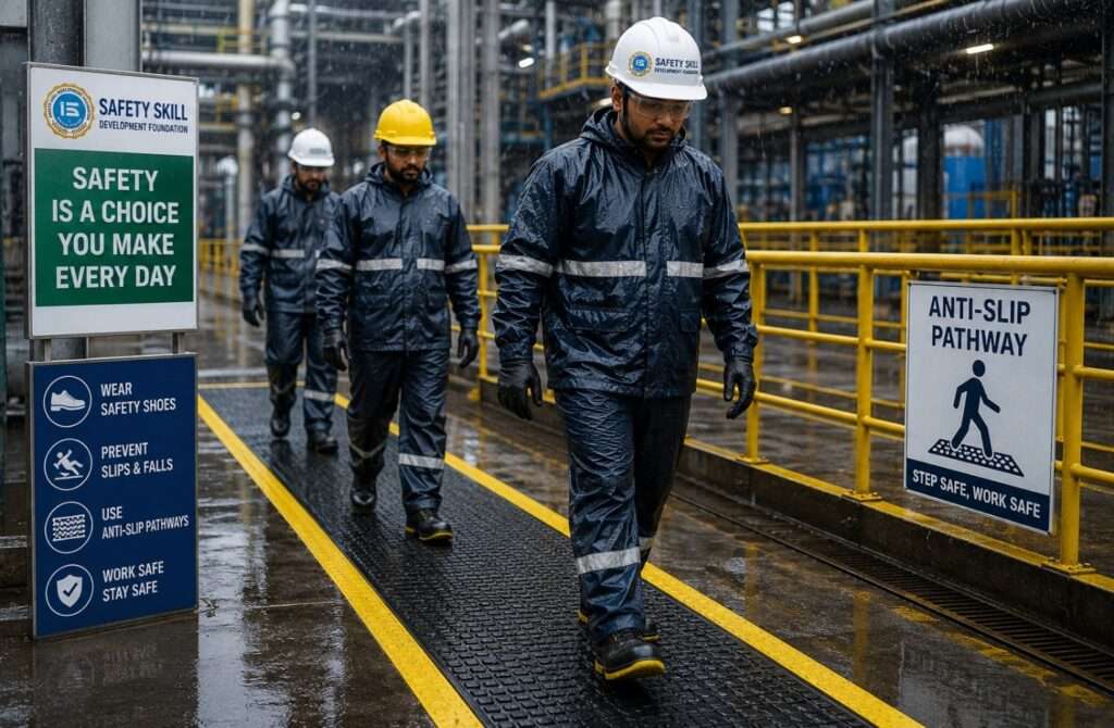 Monsoon Safety At Work With Anti-Slip Pathways And Safe Walking Practices