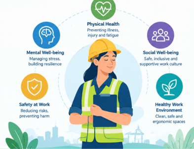 Occupational health covering physical health, mental well-being, workplace safety and healthy environments